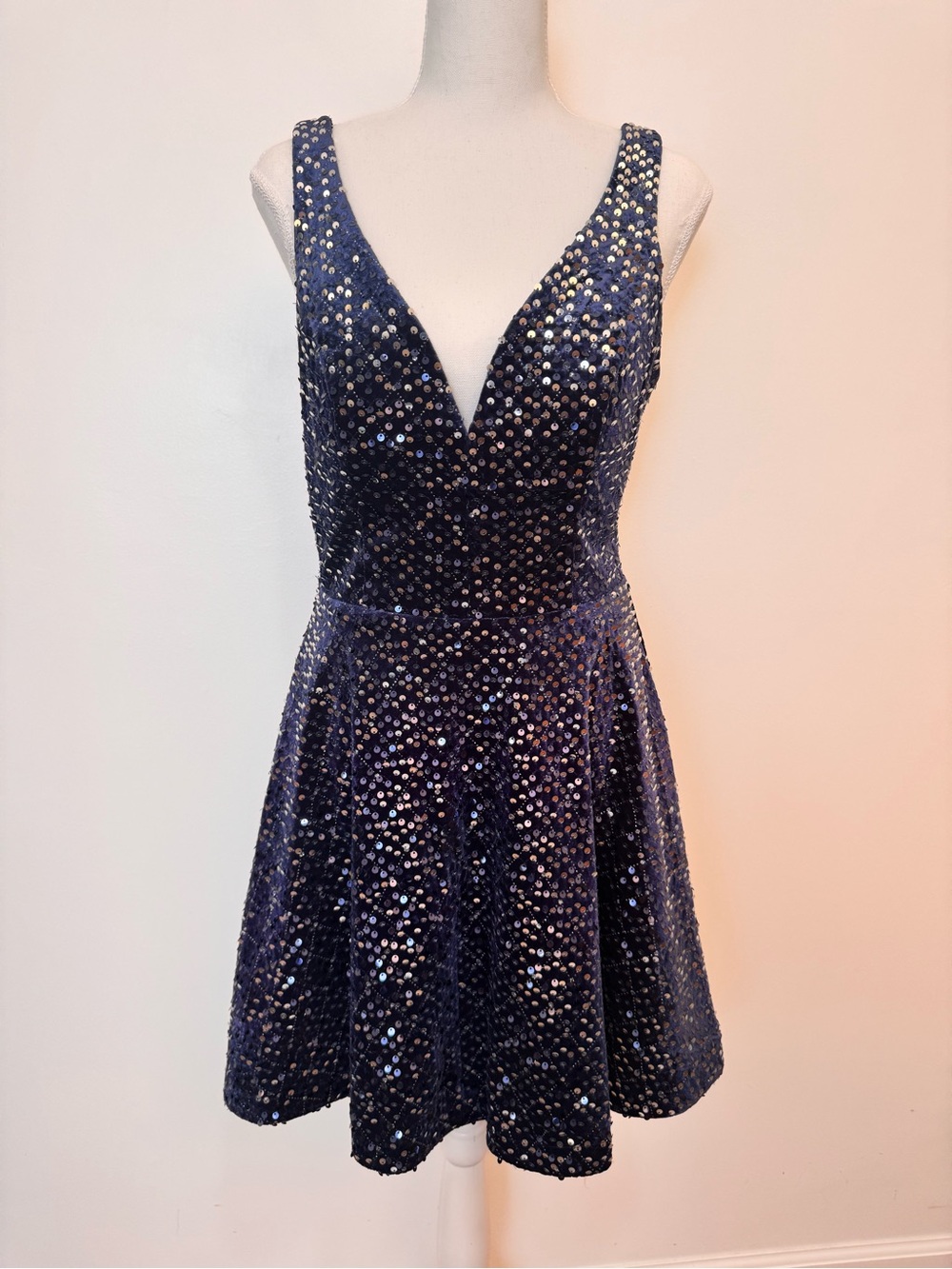 Sequined Navy V-Neck Cocktail Dress